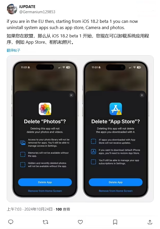 广陵苹果手机维修分享iOS 18.2 支持删除 App Store 应用商店 